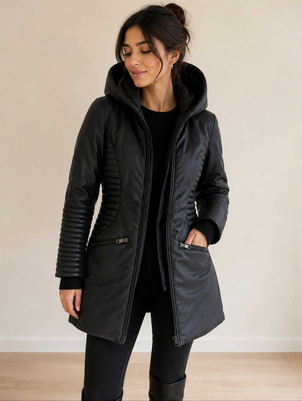 Black Hooded Quilted Long Puffer Coat - Women
